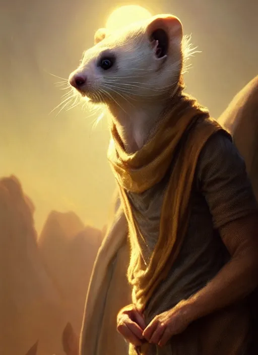 Image similar to a beautiful closeup shot from a fantasy film of a humanoid grey ferret wearing a loose tunic. an anthropomorphic ferret. golden hour. joseph ducreux, greg rutkowski.