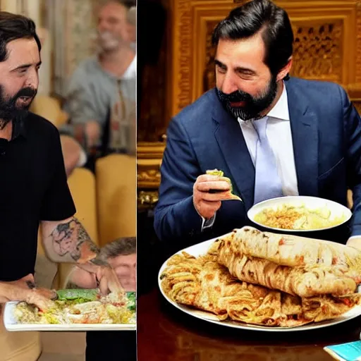 Prompt: pablo iglesiasn on the left, and santiago abascal on the right sharing a kebab in the houses of parliament