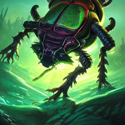 Image similar to a giant glowing horned beetle, horned beetle, green theme, bright art masterpiece artstation. 8 k, sharp high quality artwork in style of jose daniel cabrera pena and greg rutkowski, concept art by tooth wu, blizzard warcraft artwork, hearthstone card game artwork, horned beetle