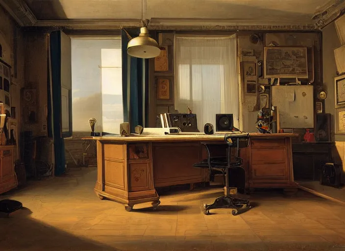 Image similar to still life painting of a retro electronics supercomputer built - in desk workstation battlestation by pieter claesz, oil on canvas, strong lighting, highly detailed, hyper realism, golden hour, god rays, hd, 4 k