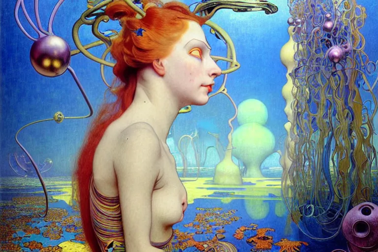 Image similar to realistic extremely detailed portrait painting of an alice in wonderland, futuristic sci-fi landscape on background by Jean Delville, Amano, Yves Tanguy, Ilya Repin, Alphonse Mucha, Ernst Haeckel, Edward Robert Hughes, Roger Dean, rich moody colours, blue eyes