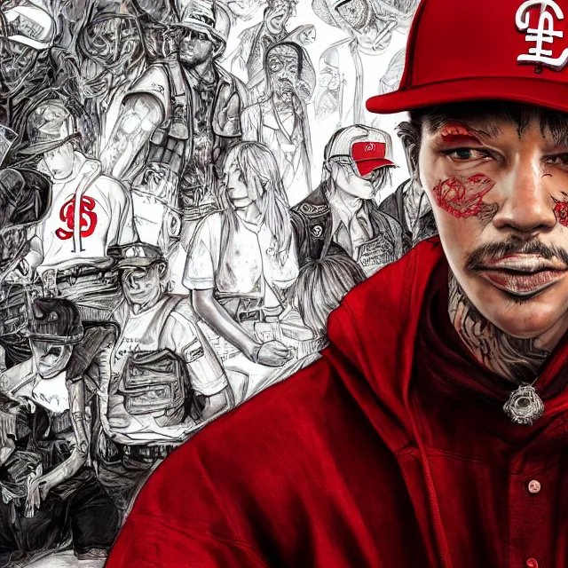 Image similar to the portrait of chaotic neutral los angeles blood's gang member wearing a red dodgers baseball cap, an ultrafine hyperdetailed illustration by kim jung gi, irakli nadar, intricate linework, bright colors, octopath traveler, final fantasy, unreal engine 5 highly rendered, global illumination, radiant light, detailed and intricate environment