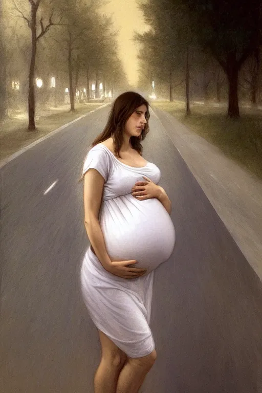Image similar to pregnant woman under street light, casual wear, by Alyssa Monks, Bouguereau
