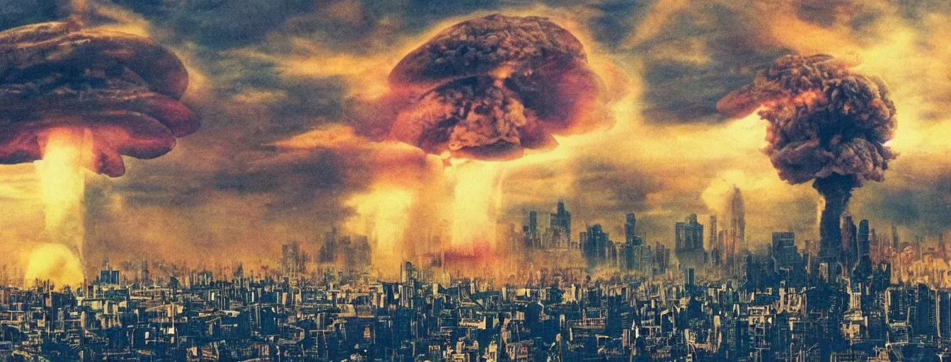 Image similar to end of the world, mushroom cloud in a city