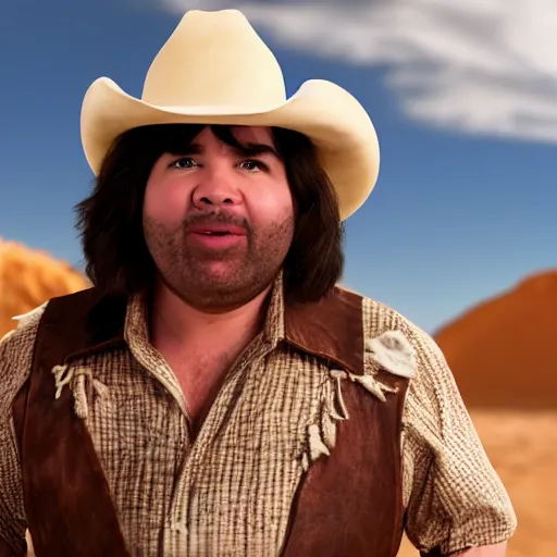 Image similar to close-up cinematic shot of Dan Schneider dressed as a cowboy in the desert, 8k, highly detailed, highly intricate, hd lighting,