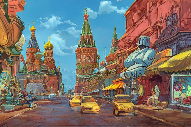 Image similar to moscow street view panoramic painting animation background art by ralph bakshi by chris sanders by disney lilo and stich