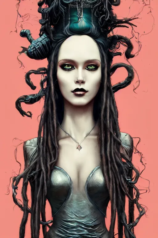 Prompt: vaporwave, an elegant sophisticated gothic queen with long wild dreads, straight on, by artgerm, jamie hewlett, tom bagshaw, gerald brom, 4 k, smooth, hd, substance designer render, full body character concept art, 2 point studio lighting,