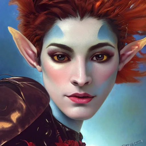 Image similar to a beautiful and androgynous half - elf with medium dark skin tone and messy short red hair and copper eyes with slit pupils, dressed in a colorful jodhpuri suit, dnd character, golden aura, realistic portrait by ross tran and gerald brom and kehinde wiley and fernando amorsolo and alphonse mucha, trending on artstation