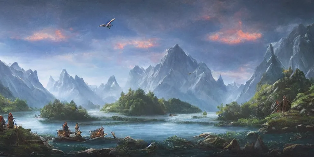 Image similar to A majestic landscape featuring a river, mountains and a forest. A small group of birds is flying in the sky. there is a group of man carrying a boat above their heads. Cinematic, very beautiful, painting in the style of Lord of the rings