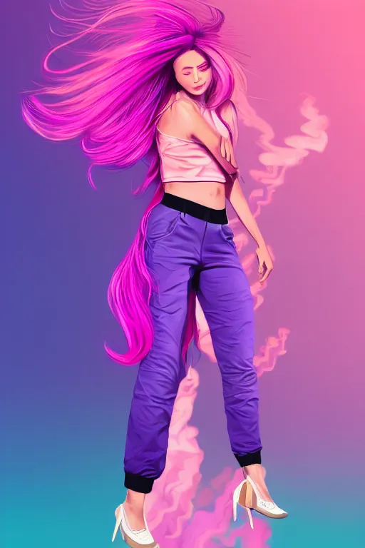 Image similar to a award winning half body porttrait of a beautiful woman in a croptop and cargo pants with ombre purple pink teal hairstyle with head in motion and hair flying, outrun, vaporware, shaded flat illustration, digital art, trending on artstation, highly detailed, fine detail, intricate