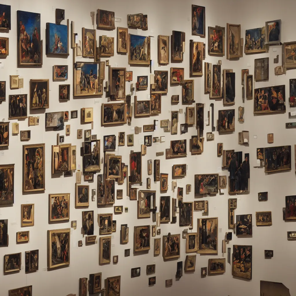 Image similar to a wall at an exhibition that has six of the world's most famous paintings