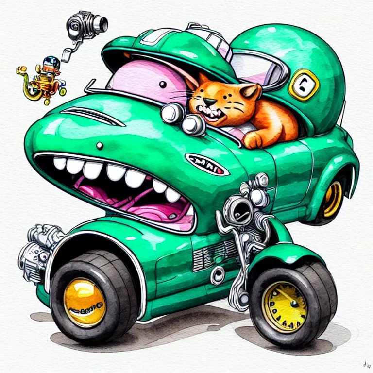 Image similar to cute and funny, jaguar wearing a helmet riding in a hot rod with oversized engine, ratfink style by ed roth, centered award winning watercolor pen illustration, isometric illustration by chihiro iwasaki, edited by range murata, tiny details by artgerm and watercolor girl, symmetrically isometrically centered, sharply focused