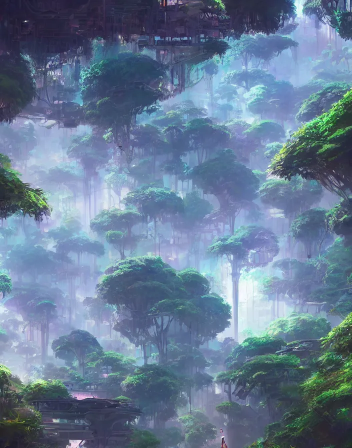 Image similar to surreal futuristic jungle oasis city, environment concept art, daytime ethereal anime, high detail Impressionist style, dreamy light color palette, style of studio ghibli and moebius, concept art stunning atmosphere, trending on artstation, volumetric light