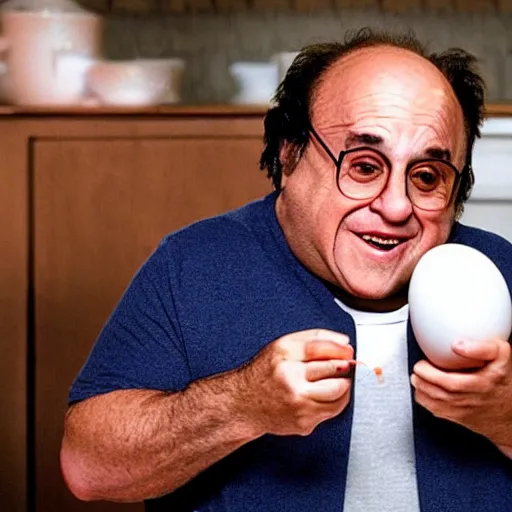 Prompt: Danny DeVito eating a boiled egg while being chased by boiled eggs with angry faces