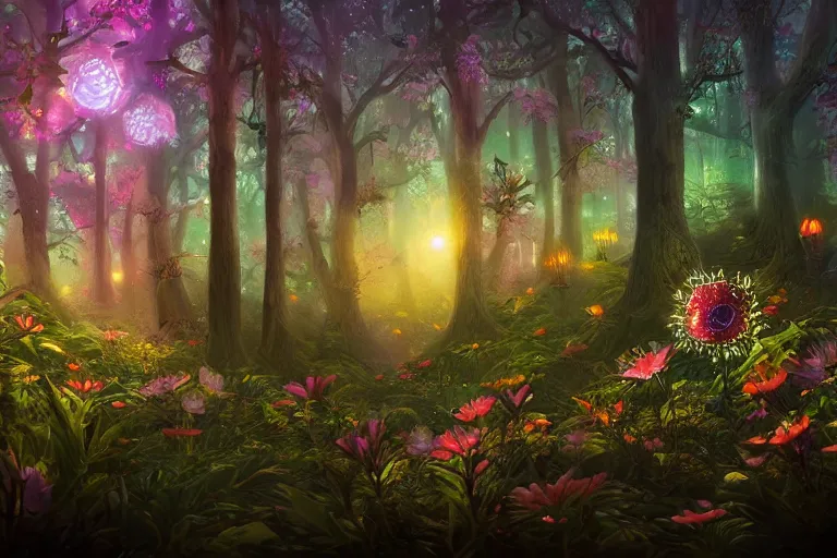 Prompt: enormously detailed photo art of small multiple colorful eye-catching flowers glow in the night dark forest, high fantasy matte painting, atmospheric lighting, highly detailed illustration highlights, 8K detail post-processing, featured on DeviantArt, trending on cgsociety