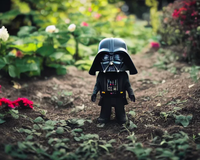 Image similar to 8 5 mm photography of darth vader in an avocado costume near a garden with sand with dof and bokeh and flowers