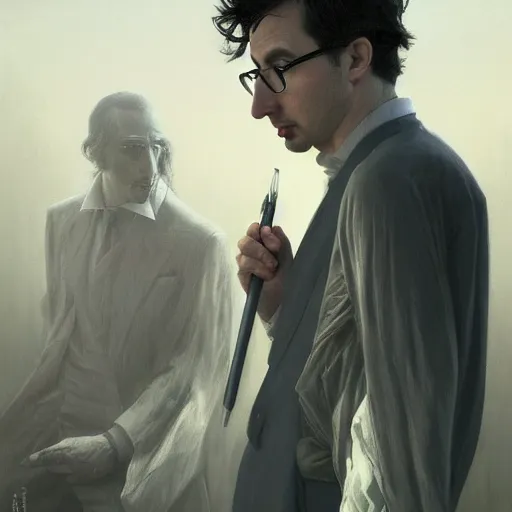 Image similar to painting of both john oliver and adam driver together, john oliver in front, full body, elegant, beautiful, highly detailed, centered, dark, smokey, digital painting, concept art, smooth, sharp focus, illustration, deviant art, art by greg rutkowski, karol bak and peter mohrbacher