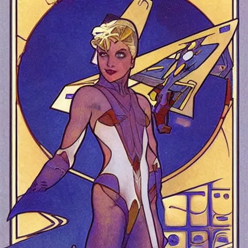 Prompt: Scissor Starfighter, by Moebius and Alphonse Mucha