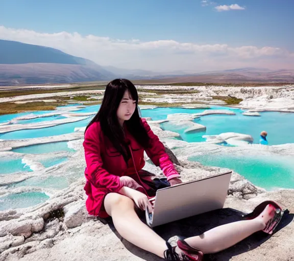 Prompt: Lee Jin-Eun hacking a laptop at Pamukkale by Martine Johanna, rule of thirds, seductive look, beautiful