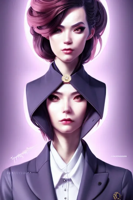 Prompt: hyperdetailed very close portrait of a european thirty years old woman in an elegant suit with a pin in a city inspired by ross tran and wlop and masamune shirow and kuvshinov, concept art, intricate, photorealistic, octane render, rtx, hdr, unreal engine, dnd digital art by artgerm fine face