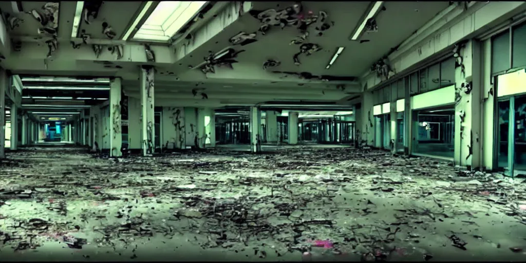 Prompt: abandoned replicant factory in a mall, old distorted camcorder video