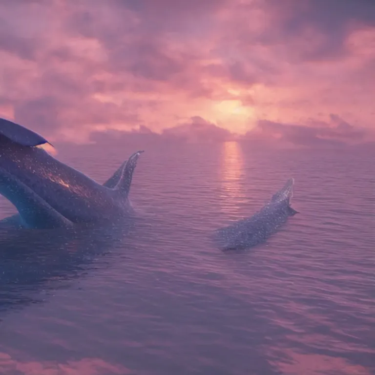 Prompt: vfx shot by weta digital and industrial light and magic ilm, a stunning beautiful blue whale made out of shiny reflective dripping liqud chrome flying in the sky through fluffy giant sunset clouds, octane render, cinema 4 d, ray traced lighting, very short depth of field, bokeh