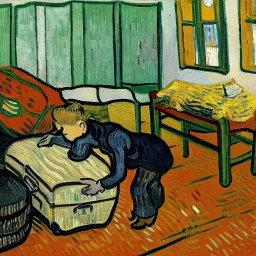 Image similar to person packing luggage for a trip, painting by Van Gogh