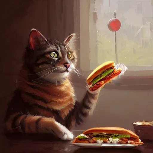 Prompt: a cat eating a big sandwich,digital art,highly detailed,art by greg rutkowski,artstation,realistic