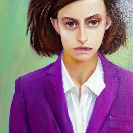 Prompt: 1 8 year old white shirt, purple blazer jacket, brunette, beautiful woman, determined, fearless, sharp looking portrait, oil painting