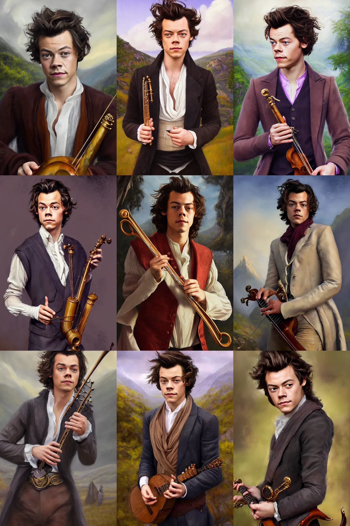 Prompt: a full body high detail fantasy portrait oil painting illustration of harry styles as an elegant male bard by justin sweet with face and body clearly visible, in a scenic background, pupils visible, realistic proportions, d & d, rpg, forgotten realms, artstation trending, high quality, sombre mood, artstation trending, muted colours, entire person visible!