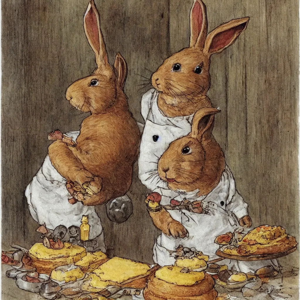 Prompt: a rabbit baking a cake, in the style of carl larsson