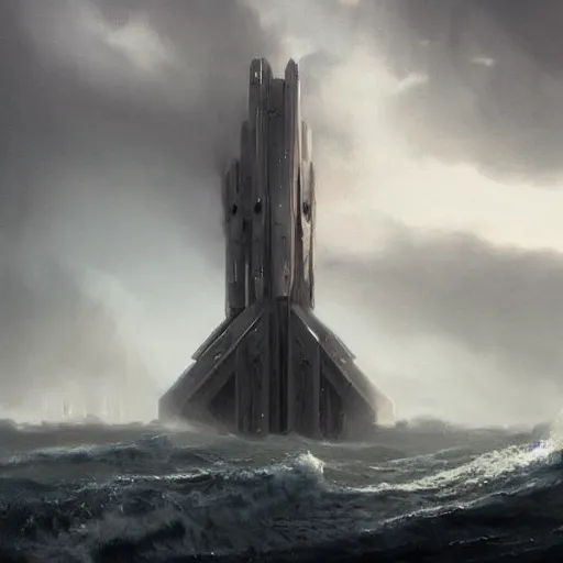 Prompt: star wars concept art by greg rutkowski, a brutalist giant tower in the middle of a raging and stormy ocean, lightning storm and gale force winds, dark environment, dramatic atmosphere, artstation hq.