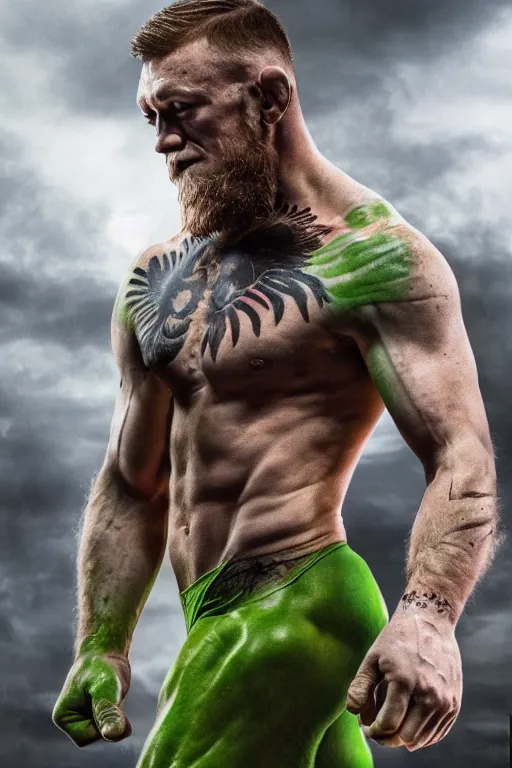 Prompt: connor mcgregor dressed like the hulk, 8 k, hdr, great light, gustave courbet, annie leibowitz