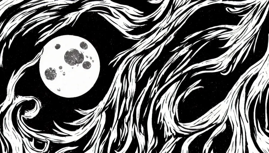 Image similar to full moon, style of shuzo oshimi, black outline, on white, smooth, thin sharp lines, detailed