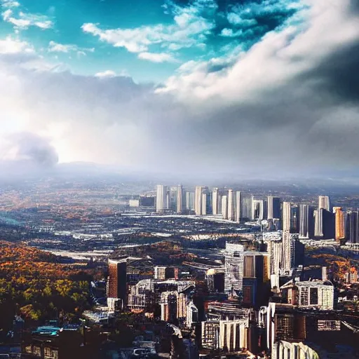 Image similar to a big modern city on top of a mountain has a great circular brick wall surrounding in clouds, hyper realistic, cinematic