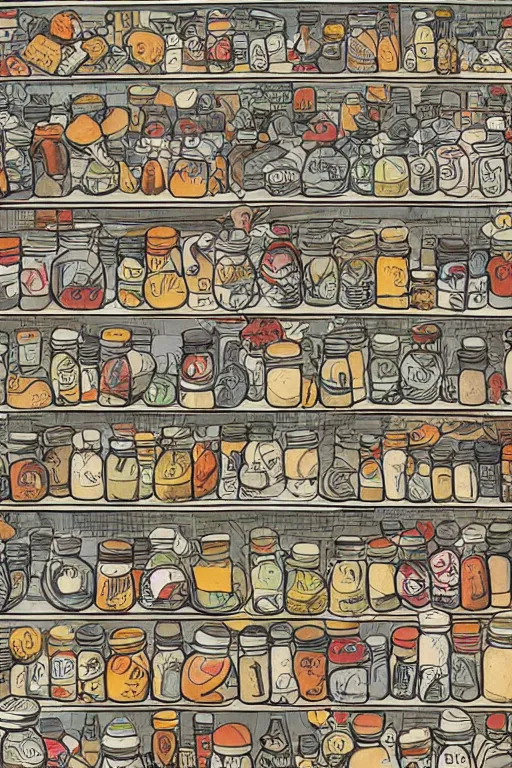 Image similar to mcbess illustration of a old shop full of jars of sweets, rainbow gouache