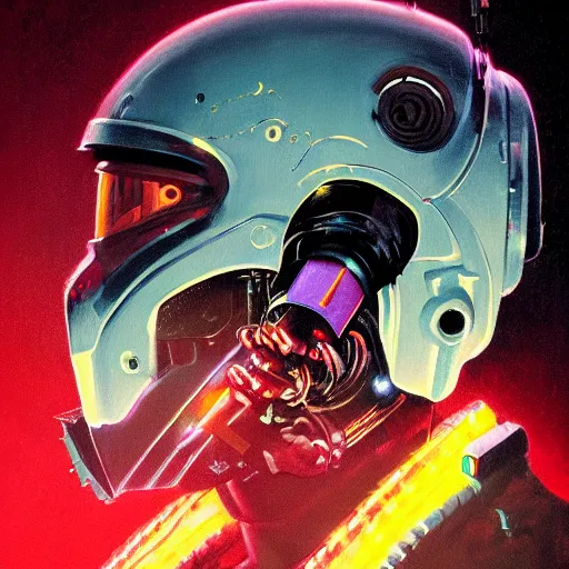 Image similar to a dark and colorful close - up side profile portrait of a sci - fi mecha robot with led lights glowing fog in the background. highly detailed science fiction painting by norman rockwell, frank frazetta, and syd mead. rich colors, high contrast, gloomy atmosphere, dark background. trending on artstation