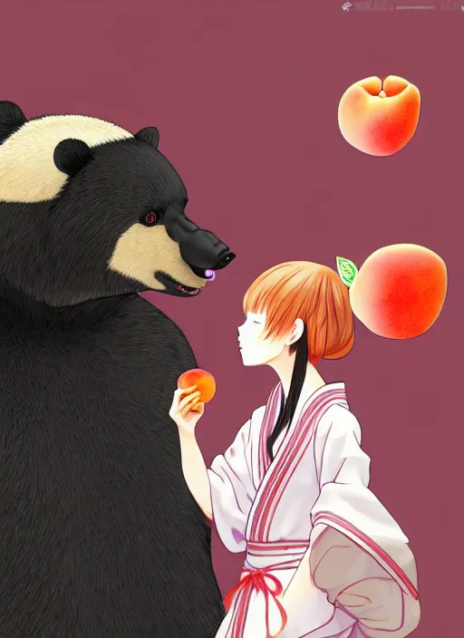 Image similar to a girl wearing a kimono giving a peach to a large anthropomorphic asian black bear, anime art, featured in artstation, artgerm, award winning, cinematic, elegant, intricate, 8 k, in the style of heikala and timothy kong and laia lopez and viorie,