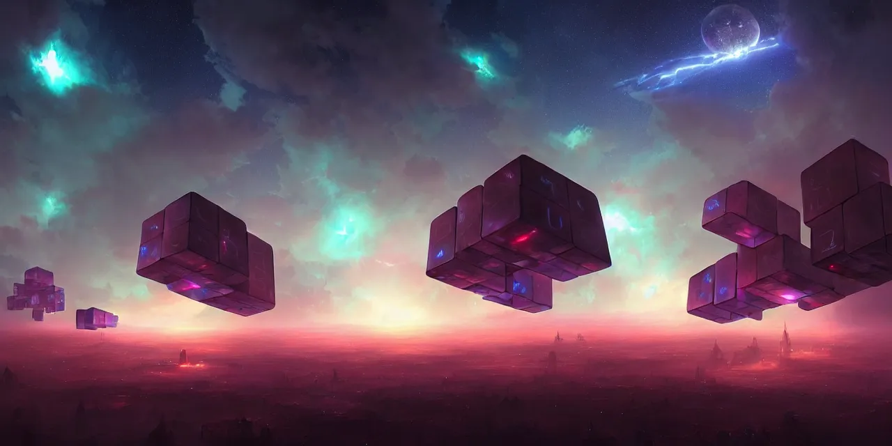 Prompt: a fleet of giant glowing futuristic cubes tied to each other with huge thick messy wires in the sky, a fantasy magical landscape seen in the distance, atmospheric lighting, intricate, volumetric lighting, beautiful, sharp focus, ultra detailed, in the art style of marc simonetti, bowater charlie and brom gerald, astrophotography