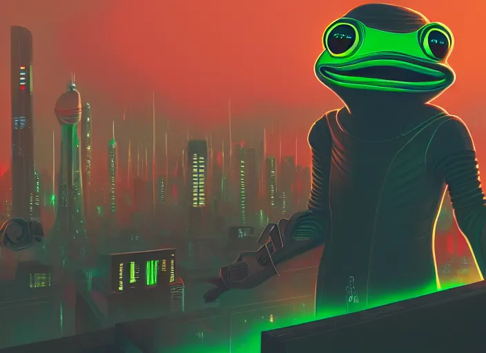 Image similar to cyberpunk pepe the frog, futuristic city, computers, dylan kowalski, marat zakirov, albert ramon puig, trending on artstation, 8 k