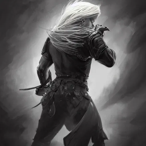 Image similar to portrait of a muscular, grim, ponytail haired blonde man in his late 30's, wearing a thick brown leather coat, looking to his side, hunter, DnD character, fantasy character, dramatic lighting, high detail, black and white digital art by Ruan Jia, Krenz Cushart, Rossdraws and Boris Vallejo