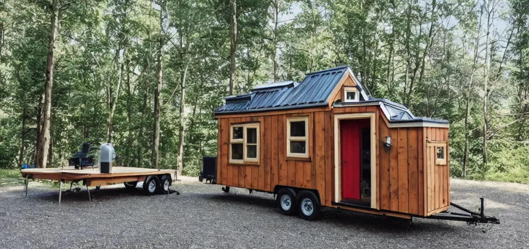 Prompt: raska - style tiny house on trailer.