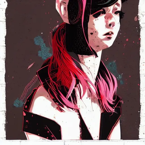 Image similar to Highly detailed portrait of a post-cyberpunk young lady with, freckles and cool hair by Atey Ghailan, by Loish, by Bryan Lee O'Malley, by Cliff Chiang, inspired by image comics, inspired by graphic novel cover art, inspired by nier, inspired by scott pilgrim !! Gradient red, black and white color scheme ((grafitti tag brick wall background)), trending on artstation