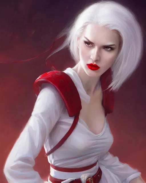 Image similar to tall girl, white hair, white dress, red lips, red belt, long hair, deep focus, d & d, fantasy, sophisticated, elegant, high detail, digital painting, artstation, concept art, matte, clear focus, illustration, hearthstone, art by artgerm and greg rutkowski, fuji choco, victoria gavrilenko and hoang lep