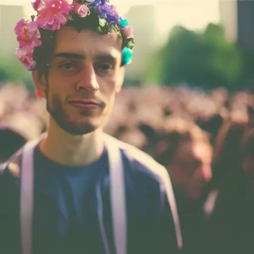 Image similar to close up kodak portra 4 0 0 photograph of a skinny guy standing in crowd, flower crown, moody lighting, telephoto, 9 0 s vibe, blurry background, vaporwave colors, faded!,