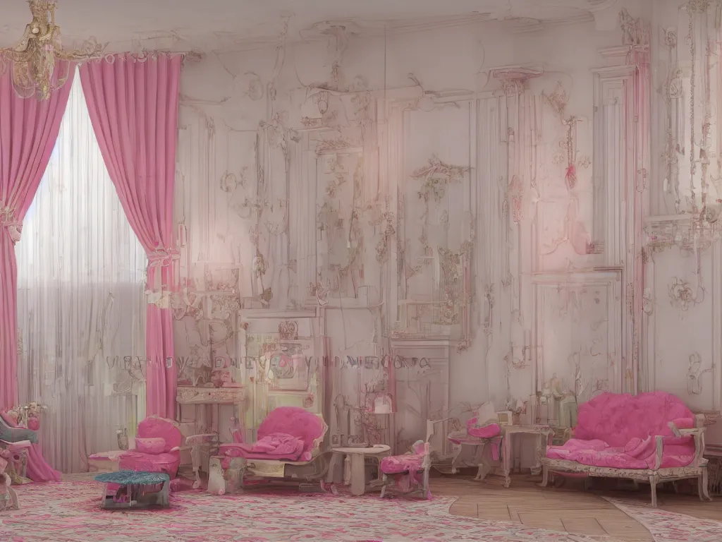 Image similar to 3D render of vintage interior house with very large pink curtains and toys on the floor and a rocking horse in the middle, High detail, Octane Render, faded colors, pastel colors