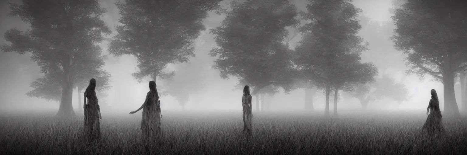Image similar to epic fantasy render of a two beautiful skinny women in fog, long dark hairs, detailed anatomy, woods, black and white, highly detailed, cinematic, hyperrealism, dynamic lighting, octane render