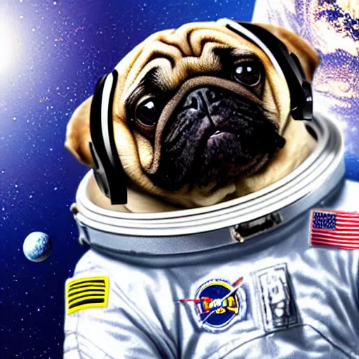 Prompt: hyper realistic, highly detailed, astronaut pug in space.