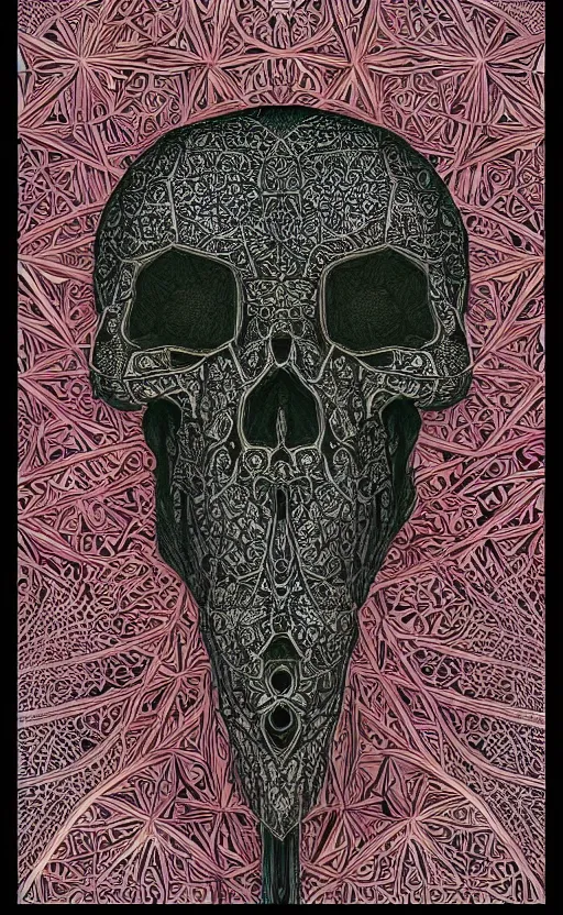 Image similar to intricate skull of a crow, islamic patterns flowing into eachother, voronoi, fibonacci sequence, leaves, by Moebius, hiroshi yoshida, mosque, intricate delicate mathematical patterns, cgsociety, complementary colour scheme, psychedelic, 3d