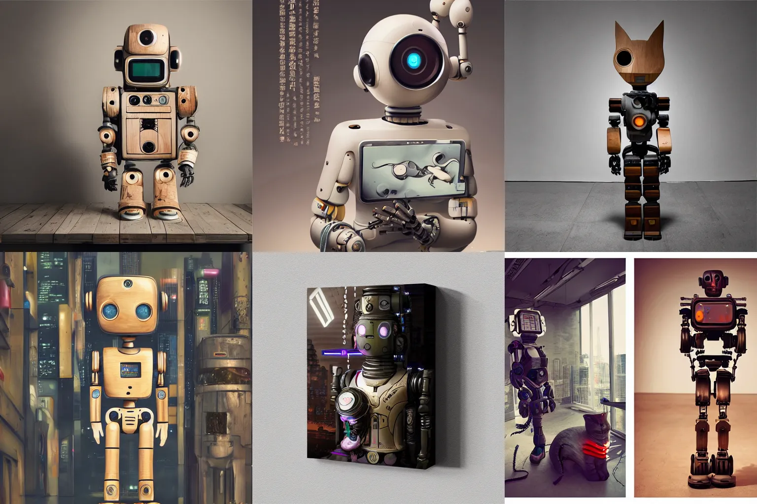 Prompt: ultra realistic 8k octan advertising photo, sculpture wooden art collection art toys on feet, very cute robot zen with cyberpunk cat ear, Art Nouveau in a contemporary art gallery artwork by Tooth Wu and wlop